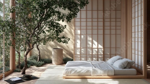 A serene japanese-style bedroom with a garden view.