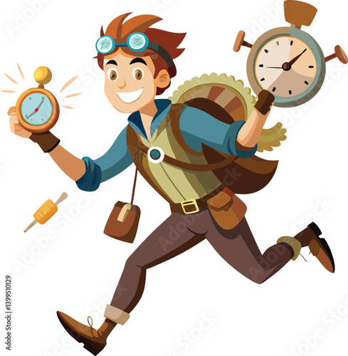 Adventurer with clock and gadgets. Time travel character jumping between eras. Great for steampunk and science fiction