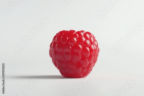 A single, ripe raspberry sits on a plain white background, showcasing its vibrant red color and textured surface.