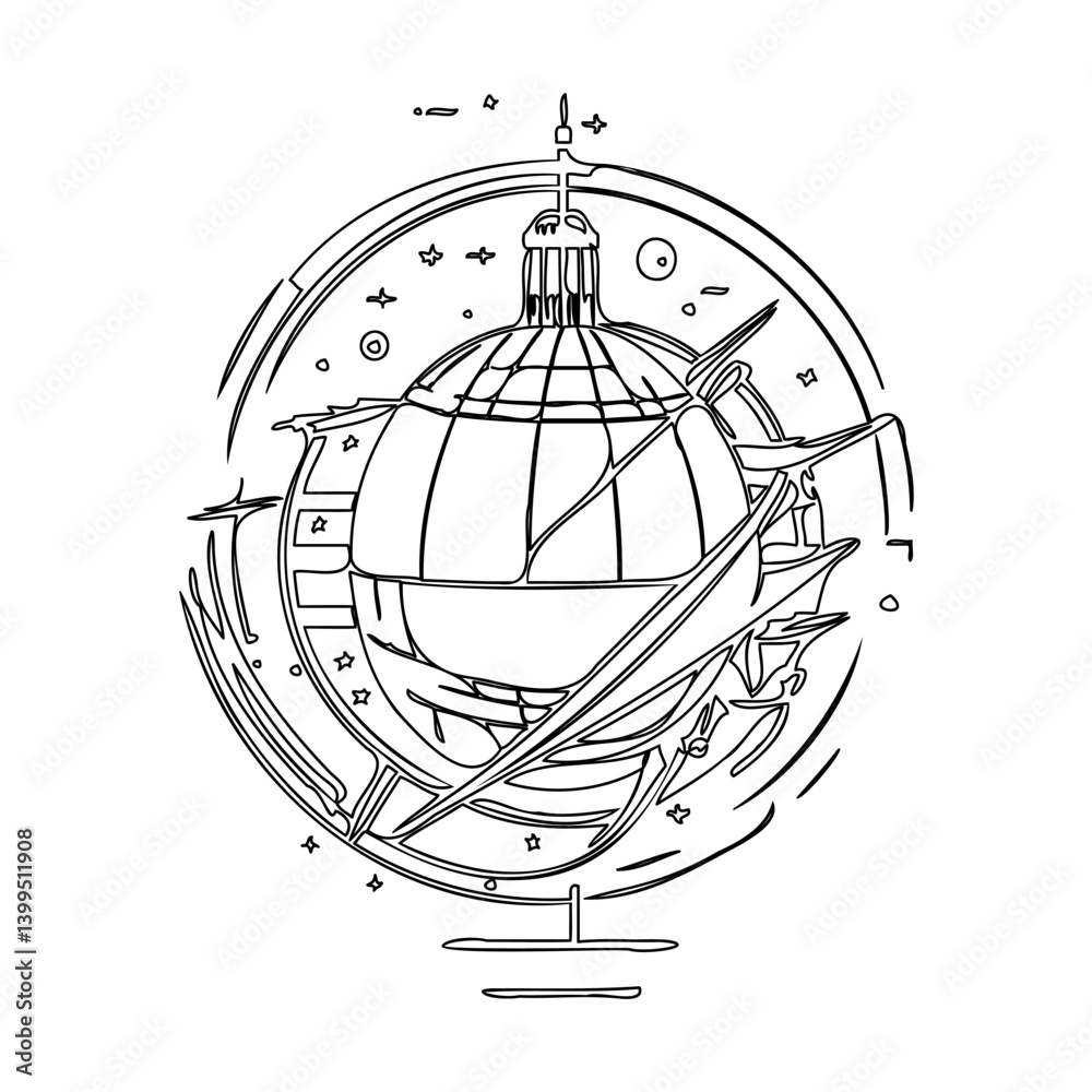 Stylized Astrolabe Drawing with Cosmic Elements