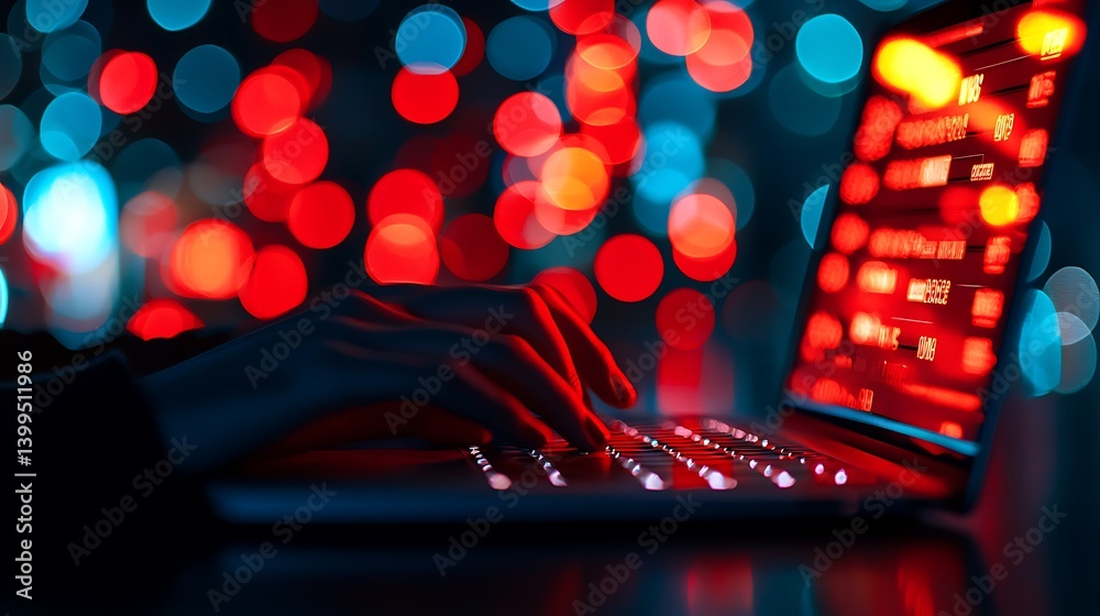 Person Typing on Laptop Keyboard in Neon Lights: Abstract Bokeh Background Scene