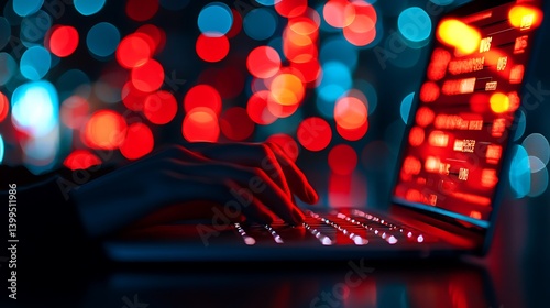 Obraz na płótnie Person Typing on Laptop Keyboard in Neon Lights: Abstract Bokeh Background Scene w salonie