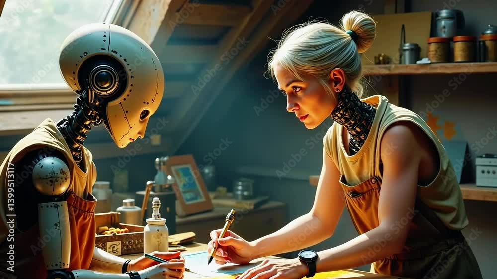 A woman collaborates with a humanoid robot in a cozy workshop, sketching innovative designs