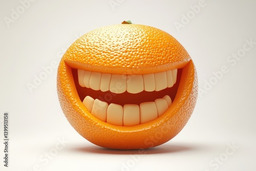 A smiling orange with big, white teeth, a cheerful and playful 3D render.