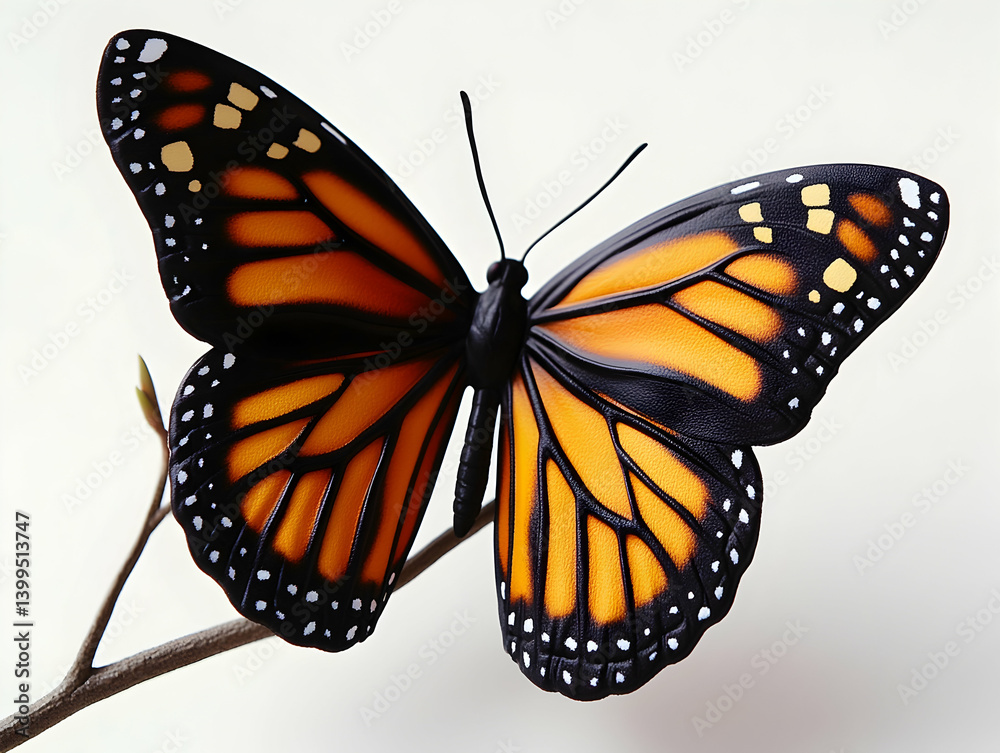 Fototapeta premium Butterfly with bright orange black and white wings perched on a thin branch against a white background