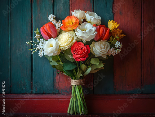 Colorful spring bouquet on rustic backdrop photo