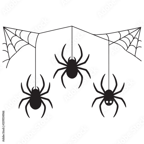 halloween spider's web Vector Black silhouettes. Spider on white background. danger insect. horror banner, scary poster. cobweb isolated decoration stock illustration. 