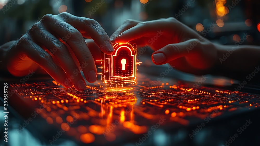 Protecting Digital Assets: Hands Securing Encrypted Lock on Glowing Circuit Board for Advanced Data Protection System.