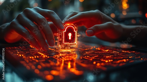 Obraz na płótnie Protecting Digital Assets: Hands Securing Encrypted Lock on Glowing Circuit Board for Advanced Data Protection System. w salonie