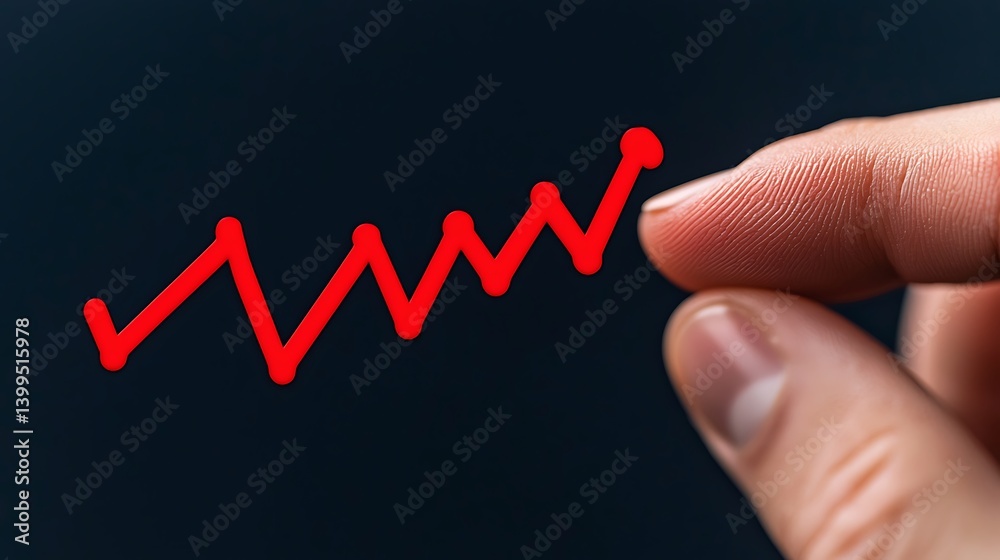 Red Line Ascending Chart with Finger Touching Peak Against Dark Background Showing Growth and Development, Conceptual.