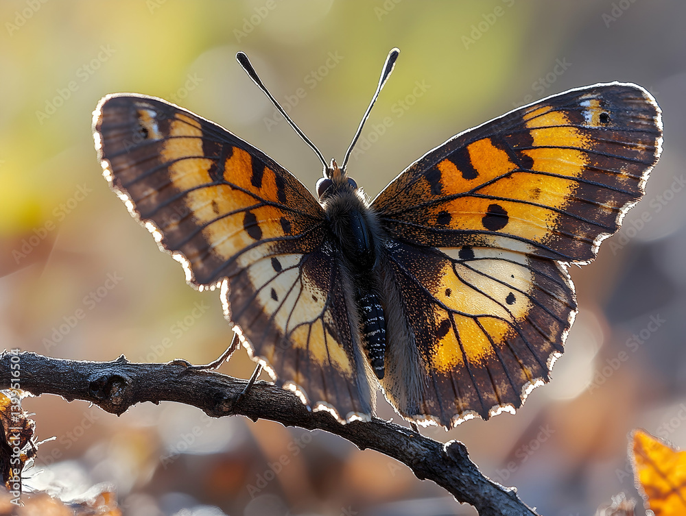 Obraz premium Butterfly with spread wings perched on a twig with yellow and brown colors