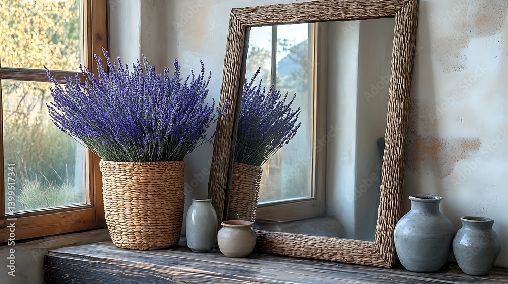 Rustic Charm: Lavender in Woven Basket with Decorative Vases and Wooden Framed Mirror on Vintage Console Table.
