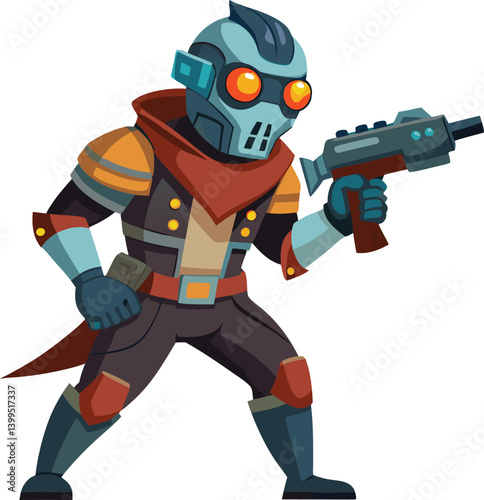 Rogue space pirate with blaster gun. Sci-fi character for galaxy adventures, games, or animated stories.