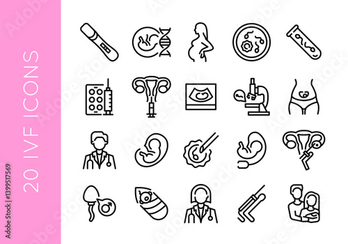 IVF icons. Set of 20 medical and in vitro fertilization trendy minimal icons including fetus, baby, syringe, pills, and more. Vector illustration