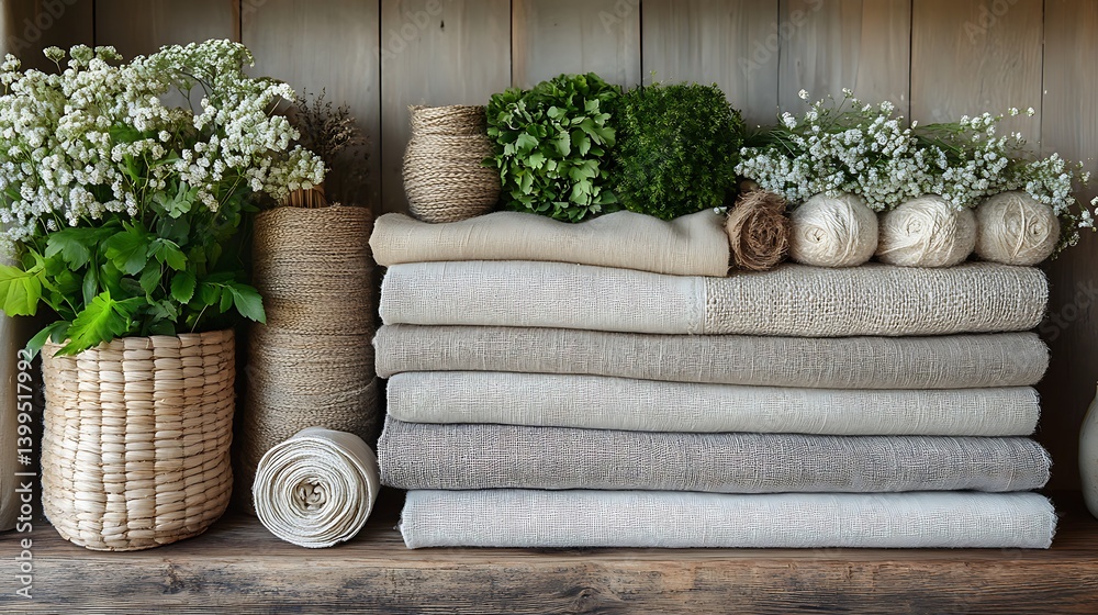 Rustic Chic: Stacked Textiles with Flora and Weaving on Wooden Surface, Organic, Natural Composition Still Life.