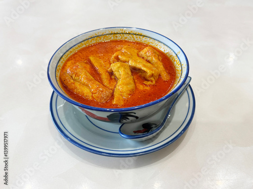 spicy nyonya noodle laksa curry soup with seafood prawn, fish cake, egg, bean curd and chilli sambal sauce in cock roster bowl on white marble table asian restaurant halal food cafe menu