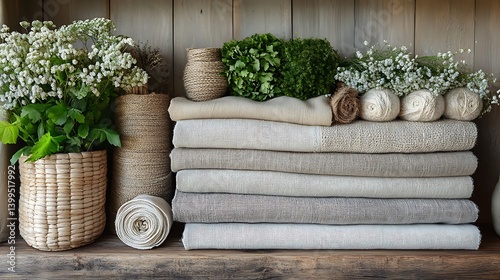 Obraz na płótnie Rustic Chic: Stacked Textiles with Flora and Weaving on Wooden Surface, Organic, Natural Composition Still Life. w salonie