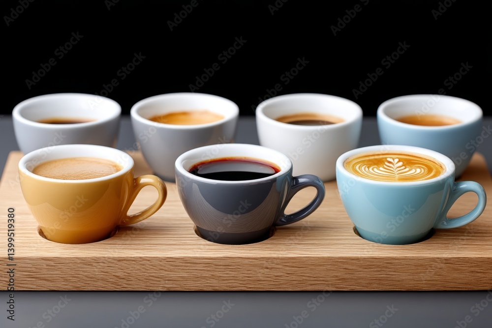 A coffee tasting flight with five small cups labeled by origin A coffee tasting flight with five small cups labeled by origin