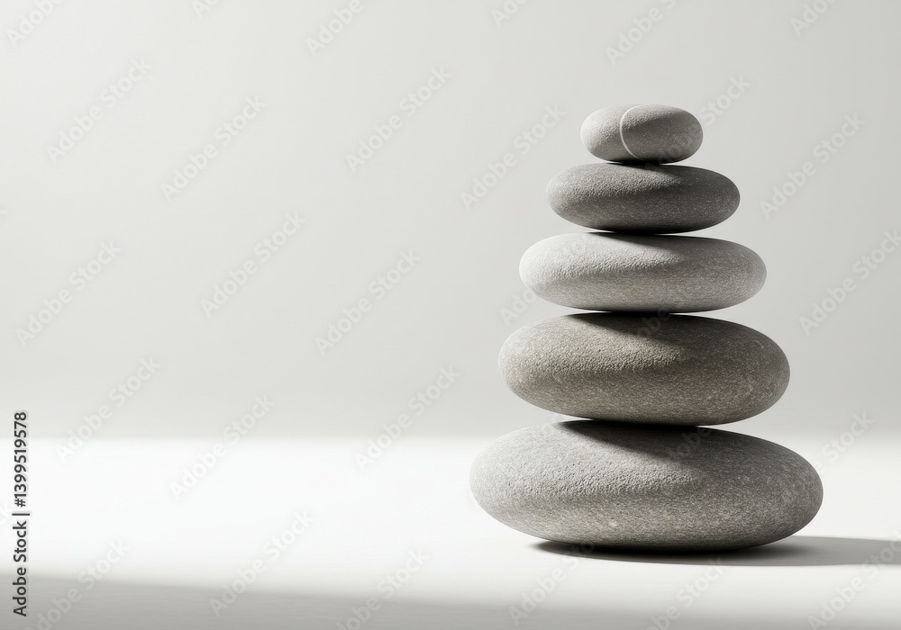 Stacked smooth gray stones in zen like balance against a bright white background with soft shadows