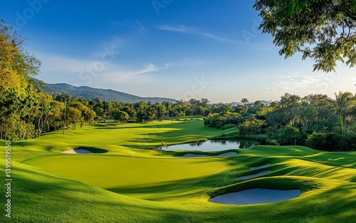 Lush golf course at sunrise.  Tranquil landscape with manicured greens, bunkers, and water features, nestled amidst tropical foliage and mountains, bathed in the soft morning light