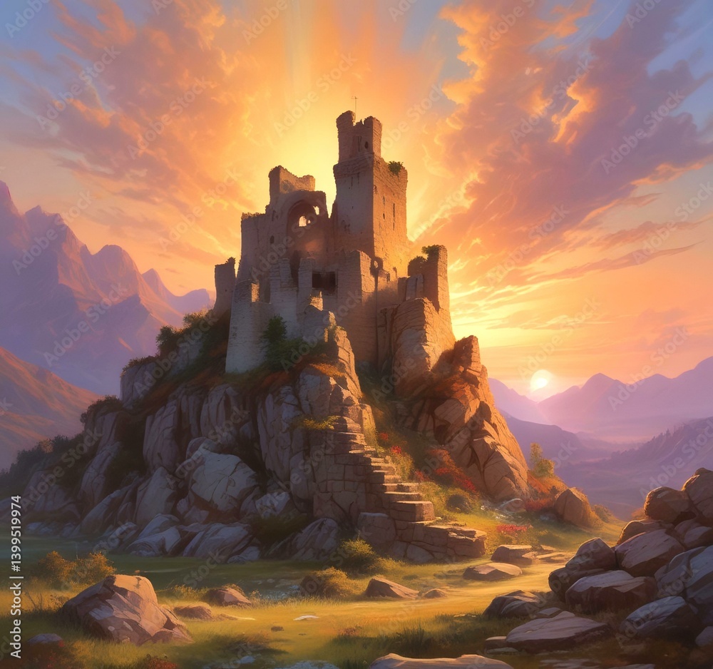 Obraz premium Illustration of landscape with old castle ruins.