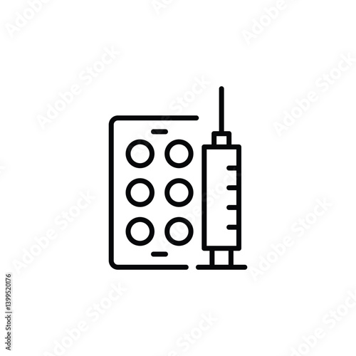 Syringe and medicaments icon. Simple representation of medical injection, preparation for healthcare services, pharmaceutical applications, instructional materials. Vector illustration 
