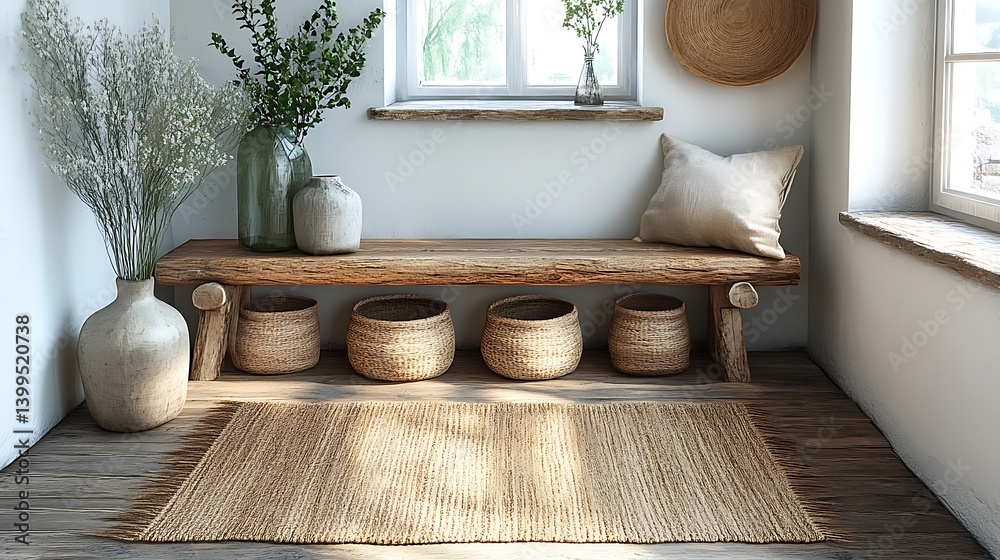 Rustic Home Decor with Wooden Bench, Natural Baskets, Vases, Plants, and Jute Rug by Window Light.