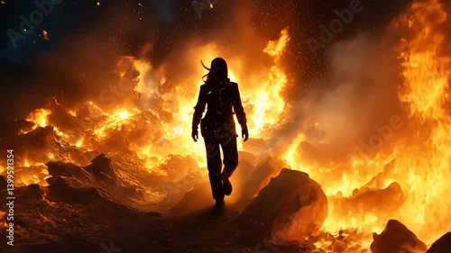 Witness a brave individual walking through an incredible blaze, showcasing resilience against a breathtaking backdrop of fire and smoke as flames engulf the landscape.