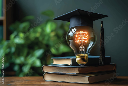 Graduation Cap On Lightbulb Stacked On Books Symbolizing Academic Success