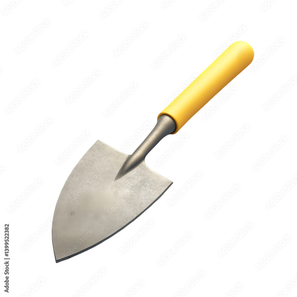 A trowel, angled, with a yellow handle, on a surface. A trowel, angled, with a yellow handle, on a surface.