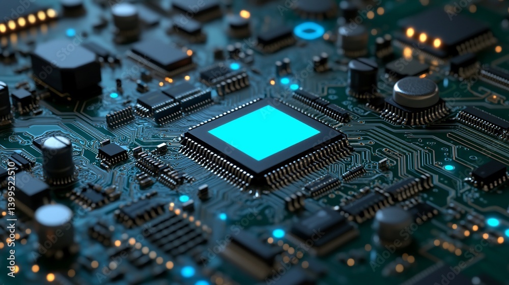 Close-up of a circuit board with a glowing microprocessor