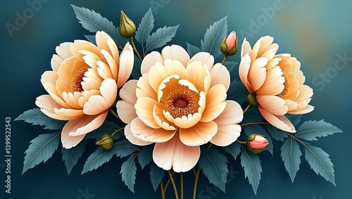 Fototapeta Naklejka Na Ścianę i Meble -  Elegant peach peonies blossom in a lush bouquet soft teal background digital art painting