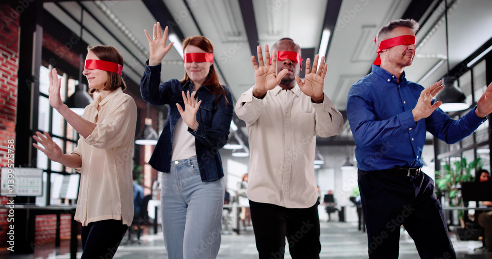 Confused Businessman In A Red Blindfold Looking