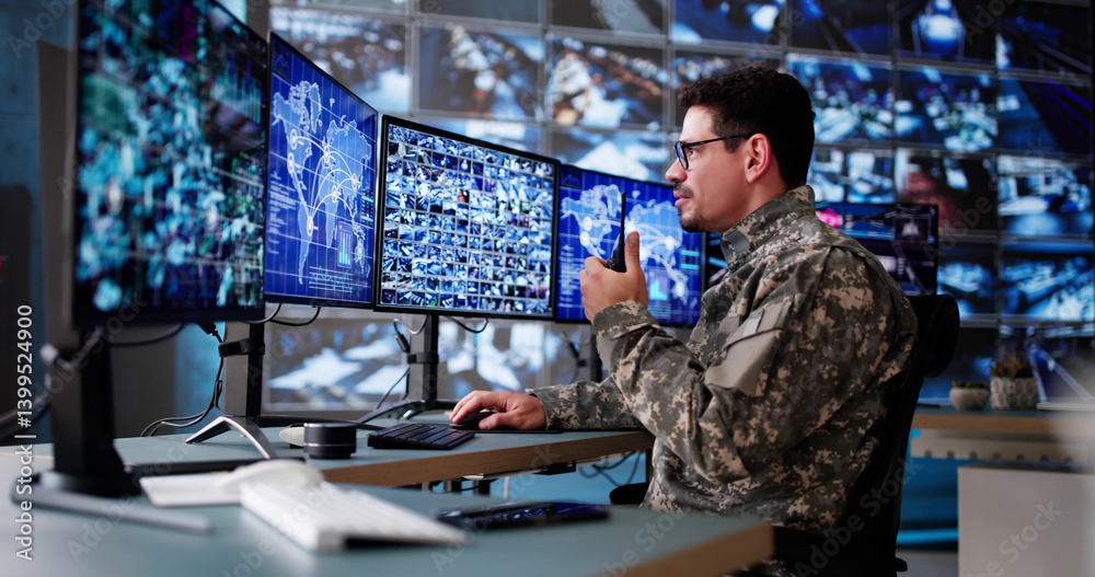 Hispanic Surveillance Specialist Monitoring Security Cameras