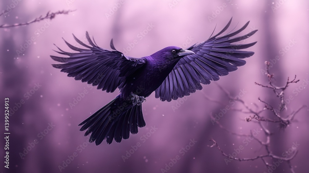 Naklejka premium Purple Crow in Flight, Misty Forest Background