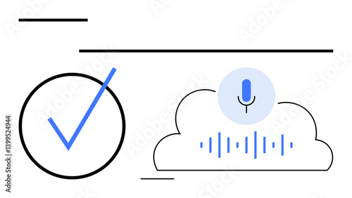Microphone inside cloud with soundwave lines, checkmark symbolizing verification. Ideal for audio processing, voice recognition, cloud storage, technology, secure communication, data synchronization