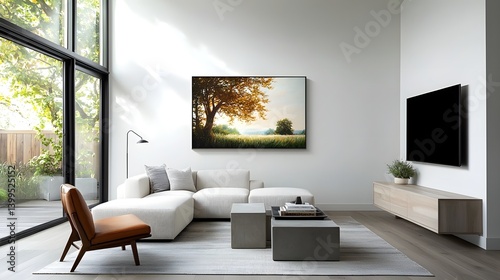 Sophisticated and Stylish Modern Farmhouse Living Room with Curated Blend of Contemporary and Vintage Decor Elements Cozy and Inviting Atmosphere Natural Light Streaming Through Large Windows