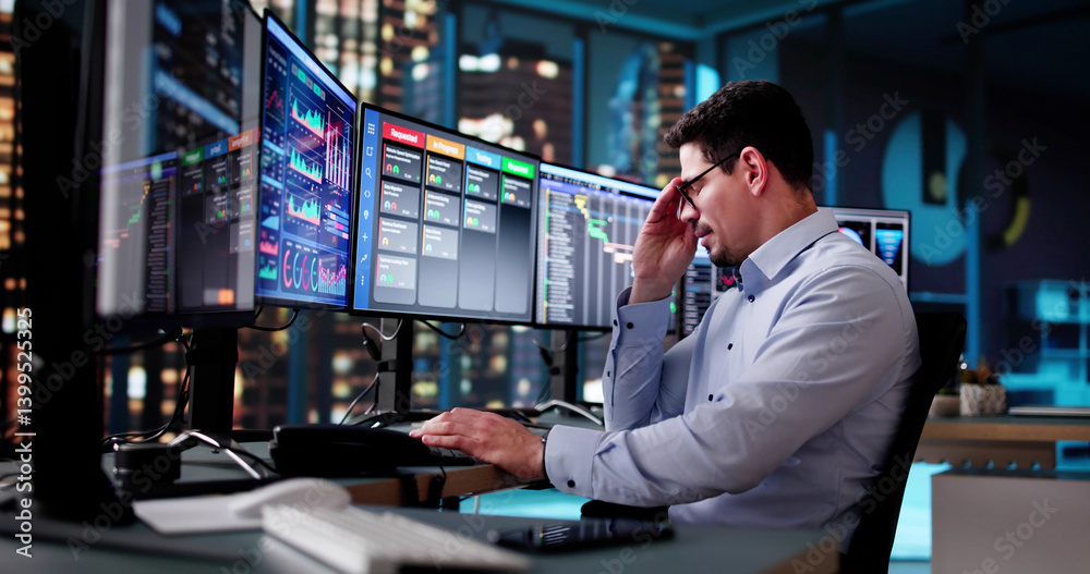 Stressed Sick Employee Man At Computer