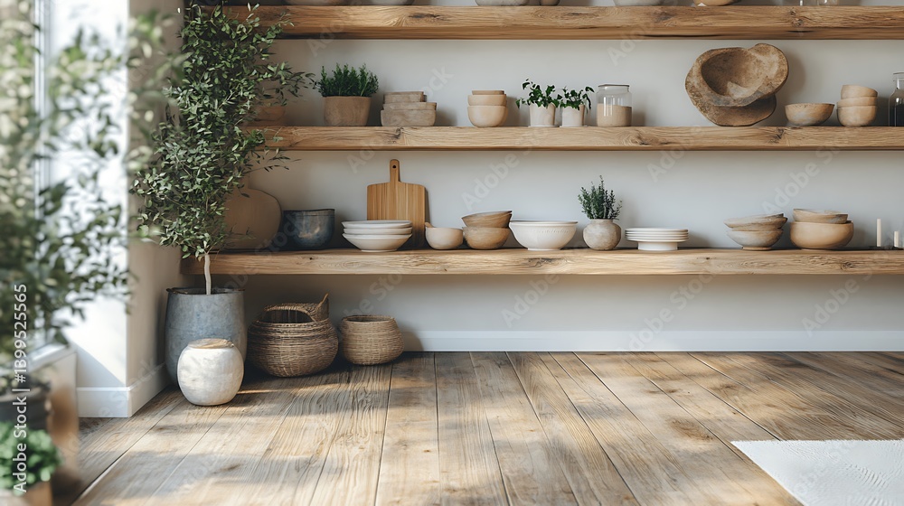 Rustic Wooden Shelves with Plants and Pottery: A Minimalist Interior Design Concept with Natural Lighting and Textural Elements.
