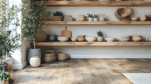 Obraz na płótnie Rustic Wooden Shelves with Plants and Pottery: A Minimalist Interior Design Concept with Natural Lighting and Textural Elements. w salonie