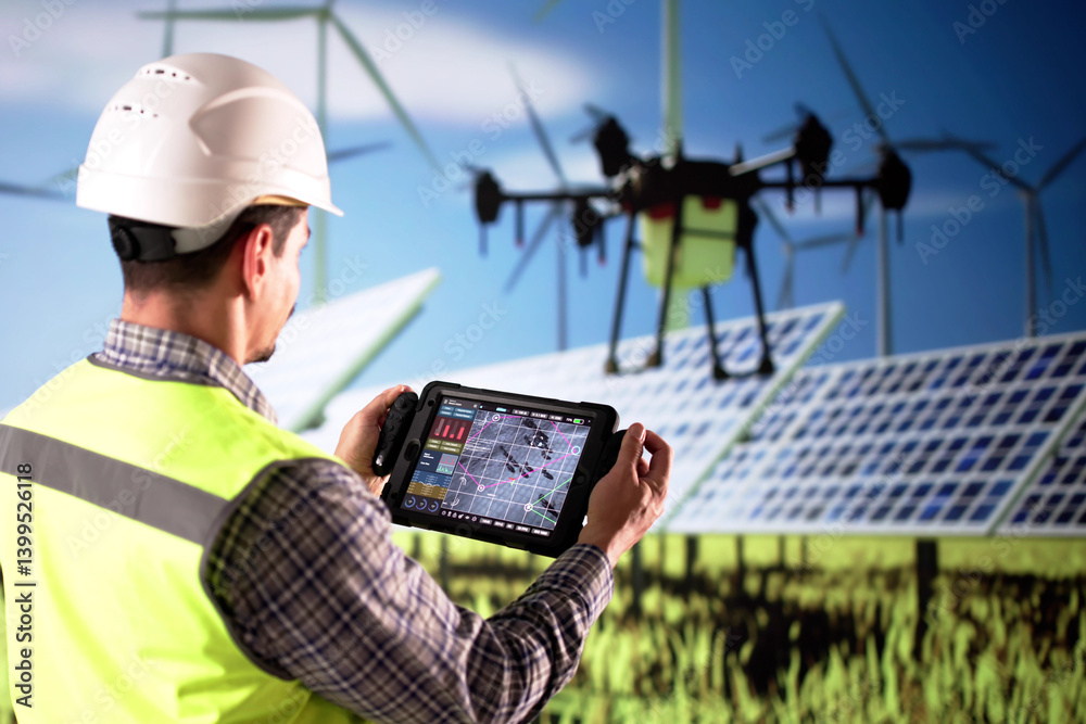 Man In Field With Solar Panels, Drone Flying Overhead