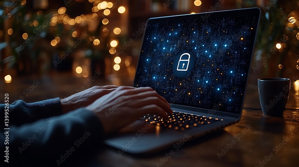 Secured Data on Laptop: Person Typing with Padlock on Screen, Protecting Information Online, Connection Security.