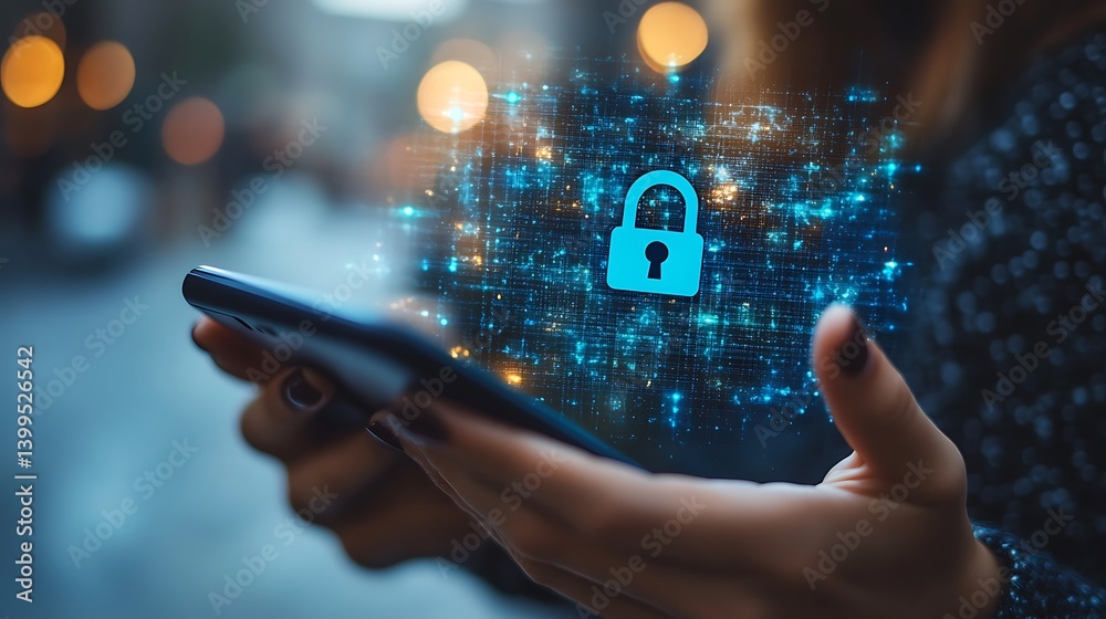 Secured device access: woman using cellphone with digital padlock, illustrating data privacy and network security technology concept.