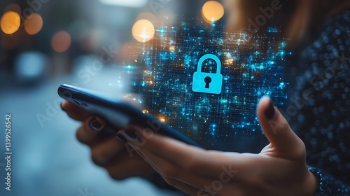 Obraz na płótnie Secured device access: woman using cellphone with digital padlock, illustrating data privacy and network security technology concept. w salonie