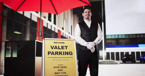 Obraz na płótnie The Professional Valet: A Young Man In Uniform Promoting Valet Parking Service w salonie