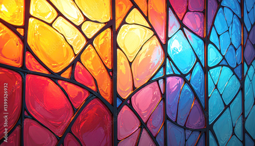 Vibrant Stained Glass Window: Colorful Leaves in Rich Hues. A close up of a colorful stained glass window. Vibrant Stained Glass Window: Colorful Leaves in Rich Hues. A close up of a colorful stained glass window.