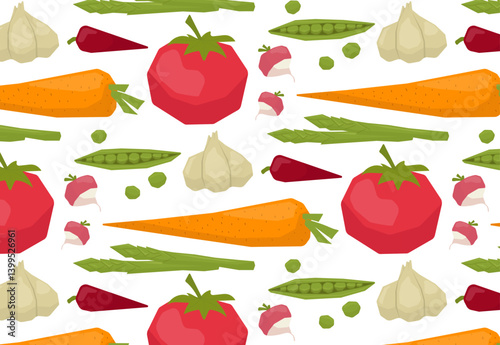 Seamless vector illustration featuring various fresh vegetables including tomatoes, carrots, garlic, and peas arranged in a colorful pattern, ideal for kitchen decor or culinary design projects.