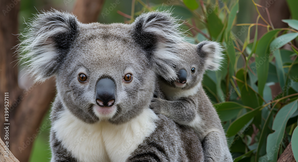 Obraz premium Cute Koala mother carrying its joey on its back while perched on a branch, demonstrating maternal care in the wild.