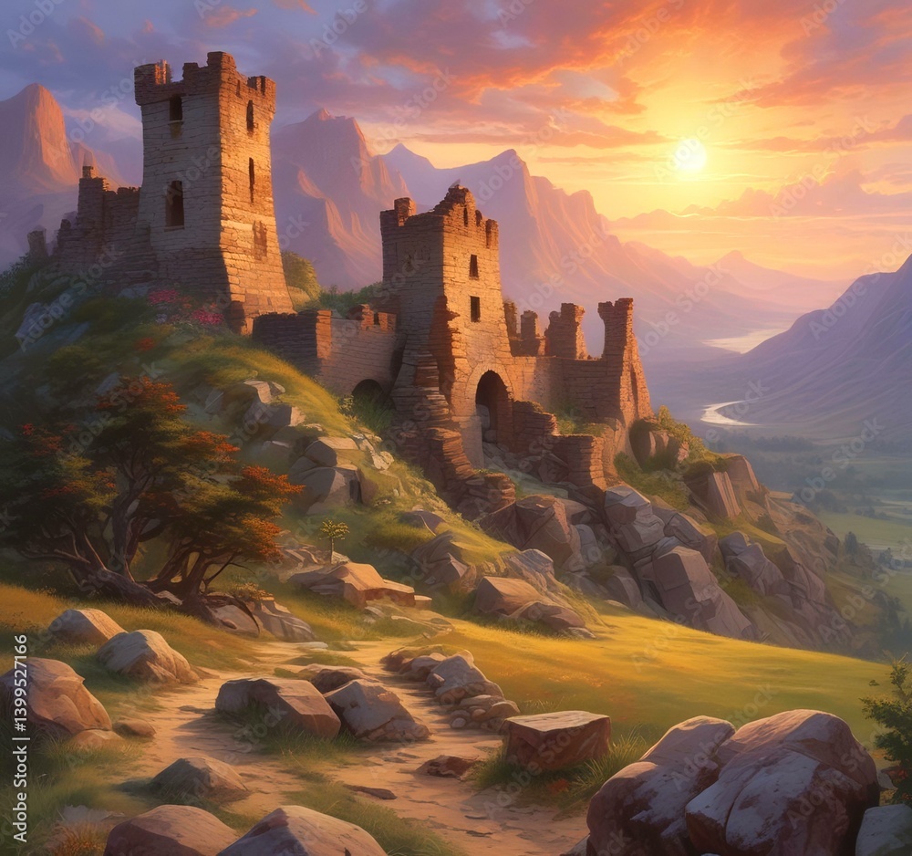 Fototapeta premium Illustration of landscape with old castle ruins.