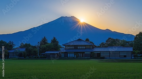 Sunrise over Fuji with traditional Japanese houses photo